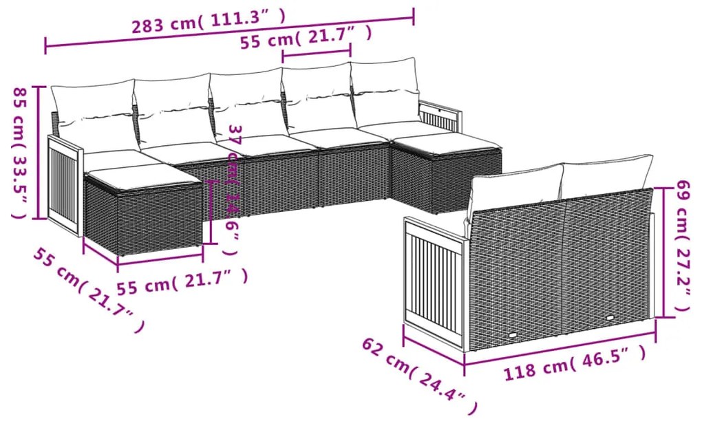 10 részes fekete polyrattan kerti ülőgarnitúra párnákkal