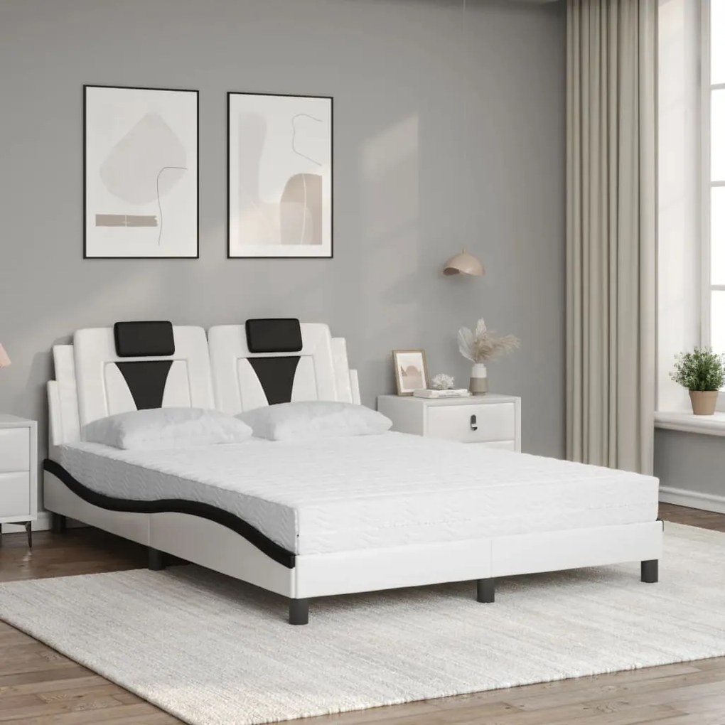 fehér és fekete műbőr ágy matraccal 140 x 200 cm