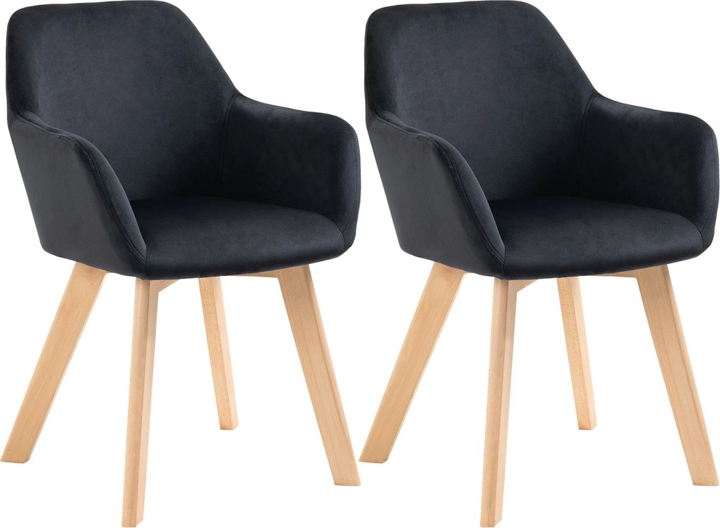 HOMCOM 2 db Étkezőszék, Konyhai Szék Karfával, Támlás, Kárpitozott Szék Velúrahatással, Nappali Szék Fa Lábakkal, Fekete | Aosom