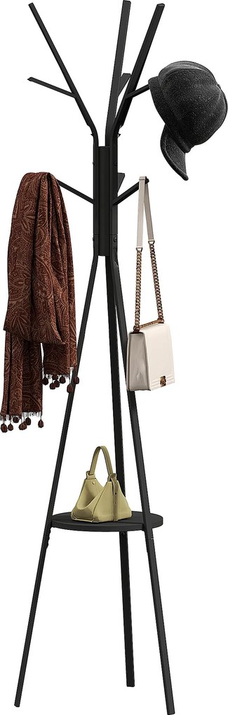 HOMCOM Faalakú Kabátállvány Fém Ruhafogas 9 Akasztóval és Polccal Vintage Kabátállvány Hálószobába és Nappaliba 45x45x180 cm Fekete | Aosom