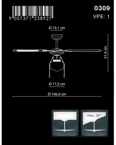 GLOBO 0309 - CHAMPION mennyezeti ventilátor 1xE27/60W/230V