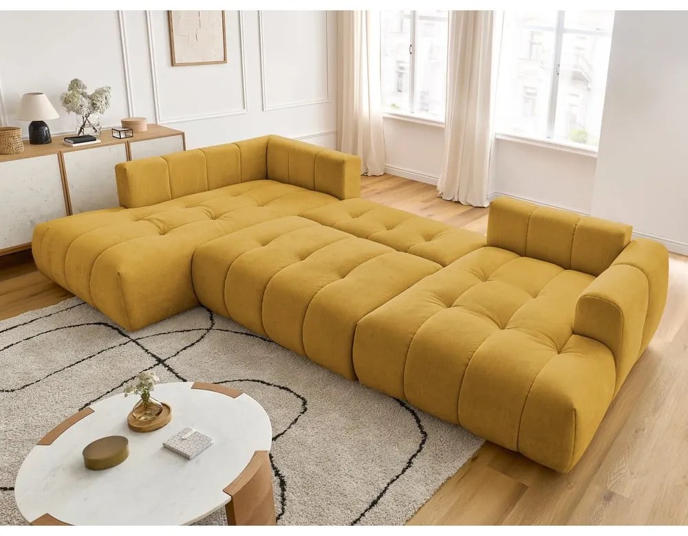 Mustársárga kinyitható-tárolóhelyes sarokkanapé (bal oldali-U alakú) Fuji – Bobochic Paris