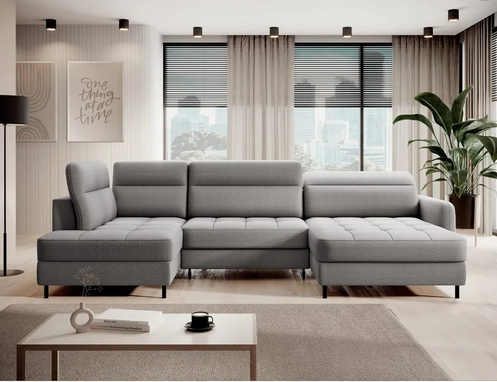 Világosszürke bársony kinyitható-tárolóhelyes sarokkanapé (bal oldali-U alakú) Berrto – ELTAP