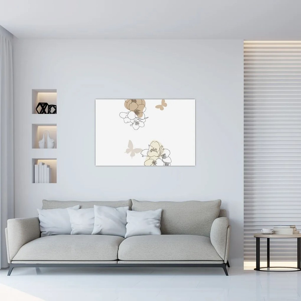 Kép - Bézs virágok pillangóval N⁰2 (90x60 cm)