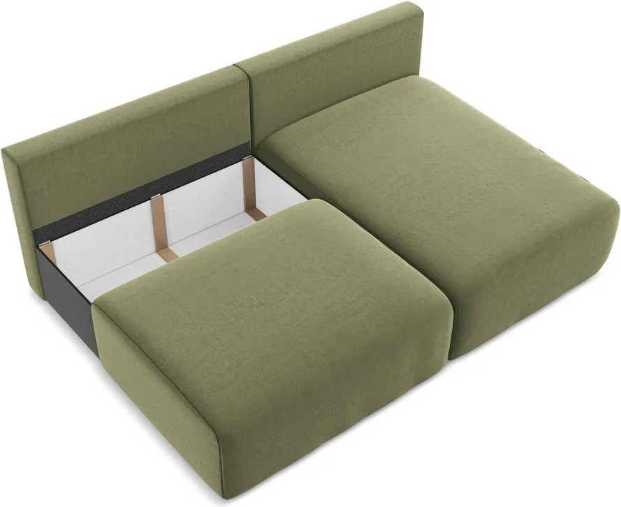 Zöld bársony kinyitható-tárolóhelyes sarokkanapé (jobb oldali-heverő résszel) Kalena – Makamii