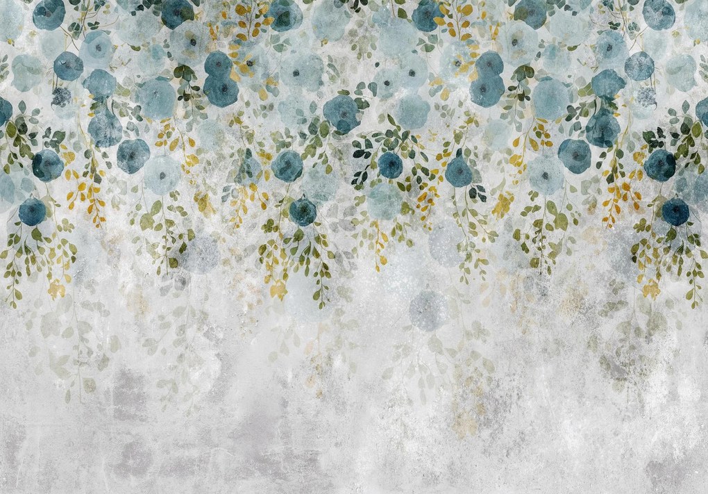 Fotótapéta dörzsölt beton gallyak levelek virágok kék színek +ragasztó