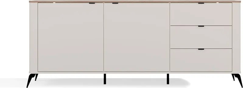 CORDOBA 2D3S komód 183x43x11.5 cm, kasmír, fekete lábakkal, tölgy fedlappal