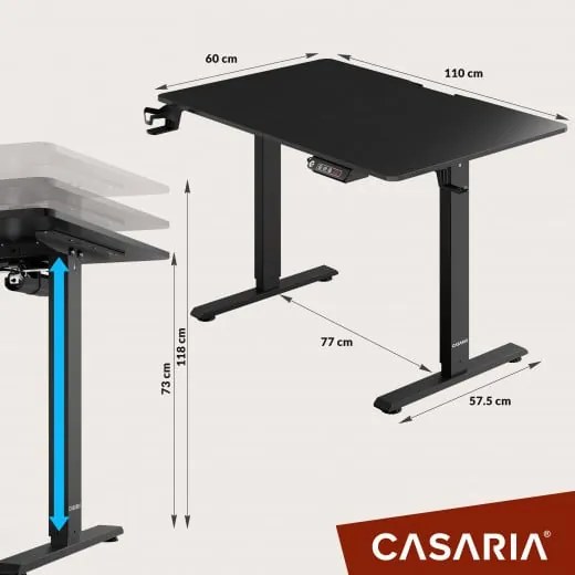 Casaria® Magasságban állítható irodai asztal 110x60x118 cm - fekete