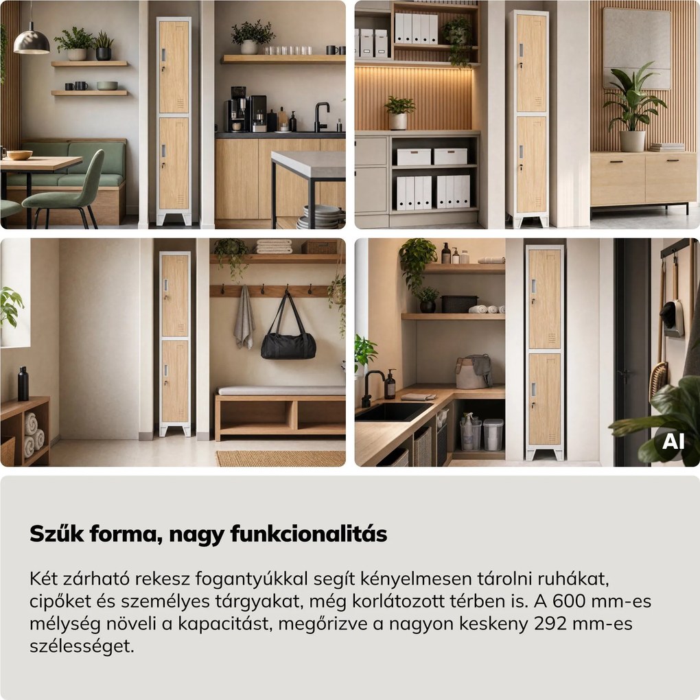Öltözőszekrény fém munkahelyi mély 2 ajtós fehér/sonoma tölgy, 292x1720x600 mm: BARTEK 1 Plus D600 Eco Design