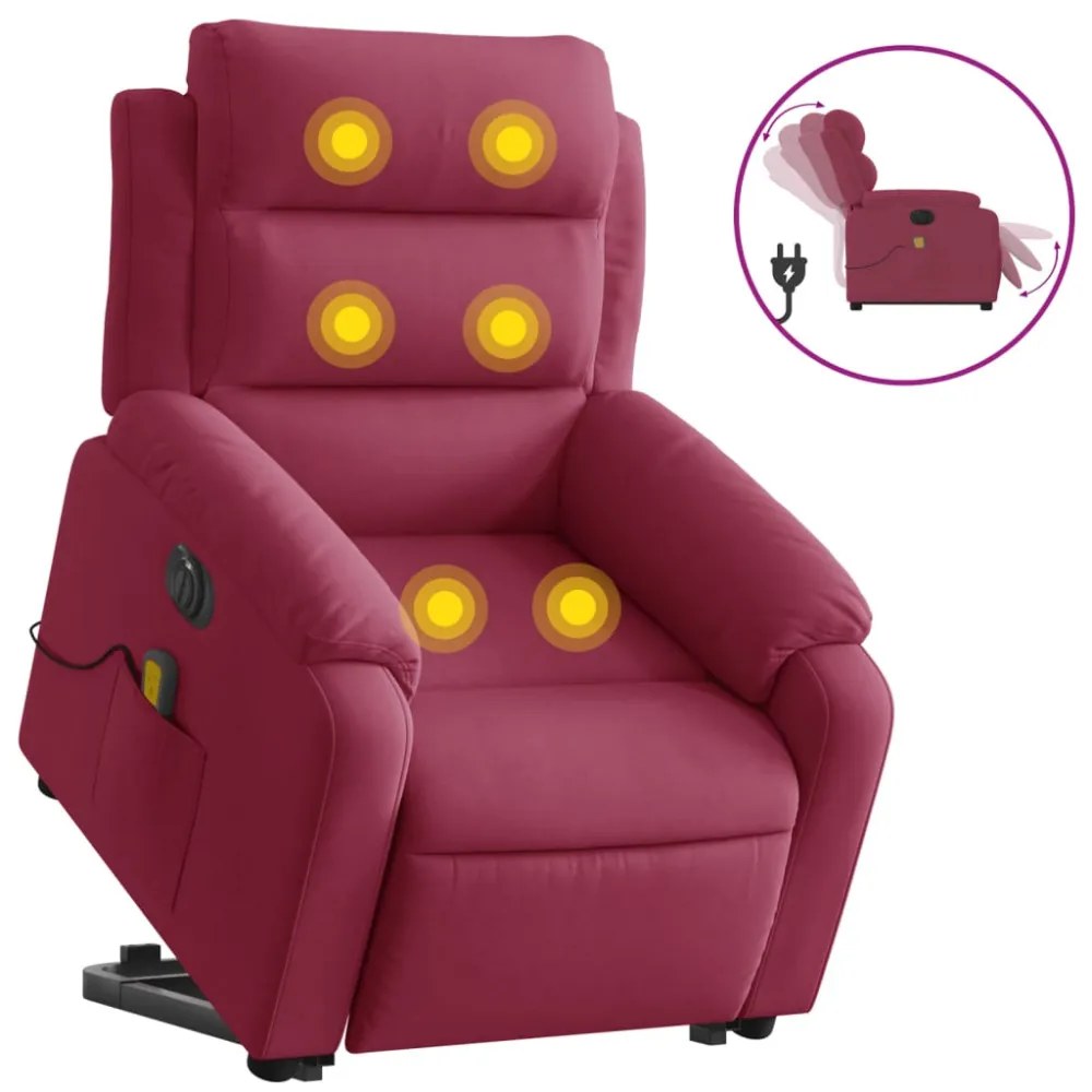 elektromos felállást segítő bordó bársony masszázsfotel