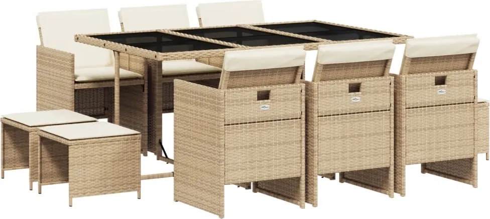 vidaXL 11 részes bézs polyrattan kerti étkezőgarnitúra párnákkal