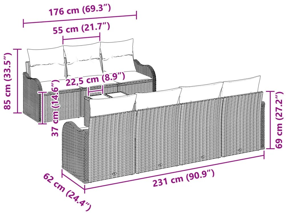 Kerti Kanapé Szett 8 pcs Bézs 55 x 55 x 37 cm Poli rattan