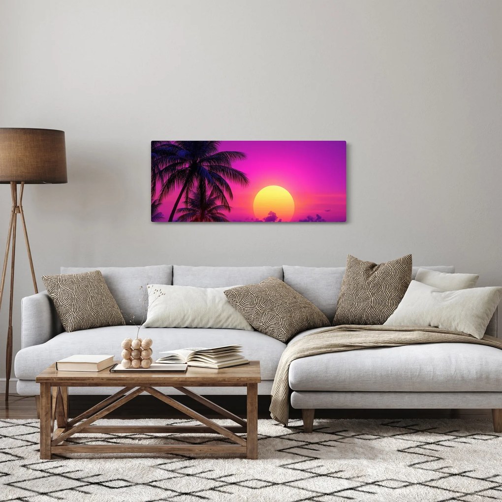 Kép - Lila naplemente pálmafával (120x50 cm)