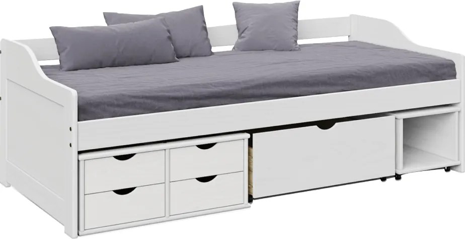Ágy tárolóhellyel, fehér, tömörfa, 90x200, MAXI NEW