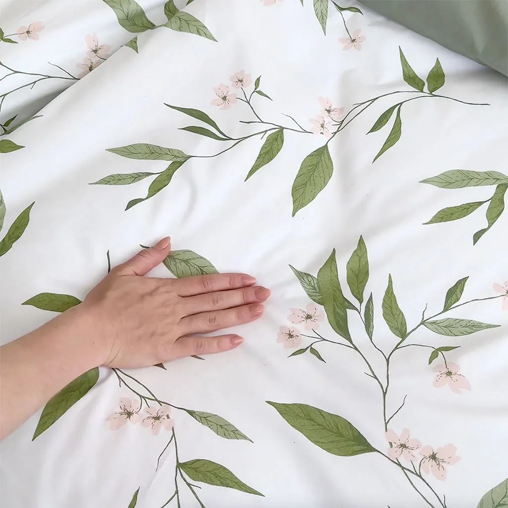 Goldea pamut ágyneműhuzat duo - jázmin virágmintás, zsálya színű hátoldal 140 x 220 és 70 x 90 cm