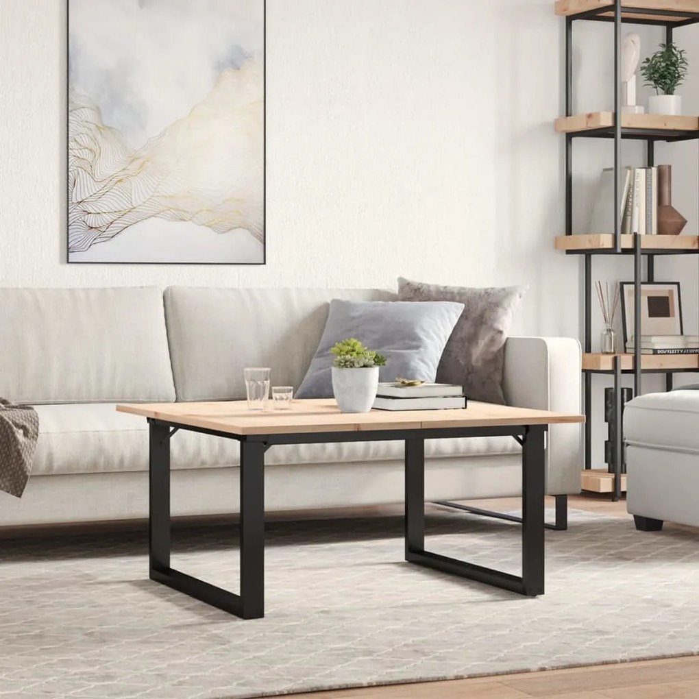 Tömör fenyőfa és acél dohányzóasztal O-vázzal 80x80x45 cm