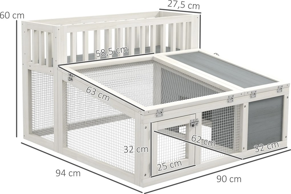 PawHut Nyúlólom, fa nyúlketrec növénytartóval, nagy fa tér, több ajtó - Méret: 94L x 90W x 60H cm - szürke és fehér | Aosom