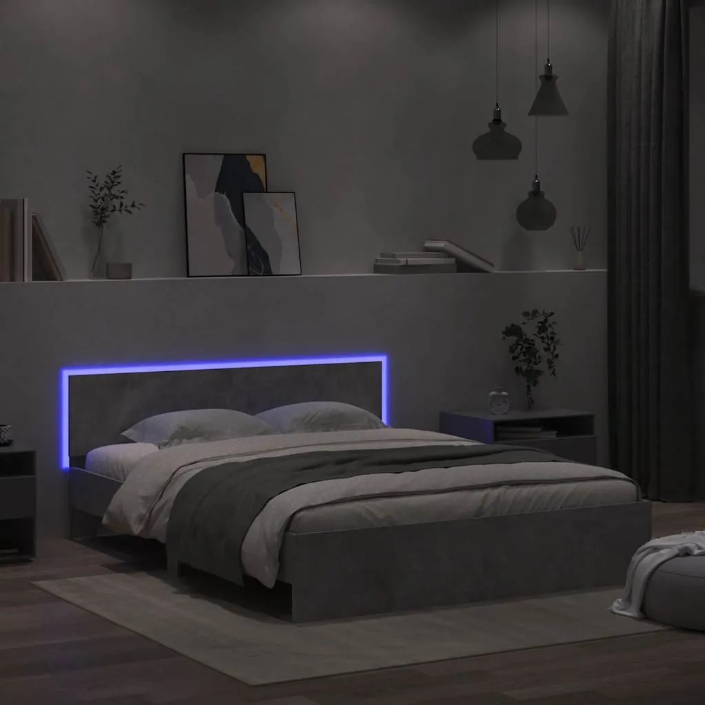 betonszürke ágykeret fejtámlával és LED-del 150x200 cm