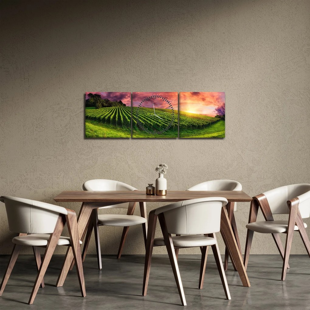 Szőlőskert és a színes égbolt képe (órával) (90x30 cm)