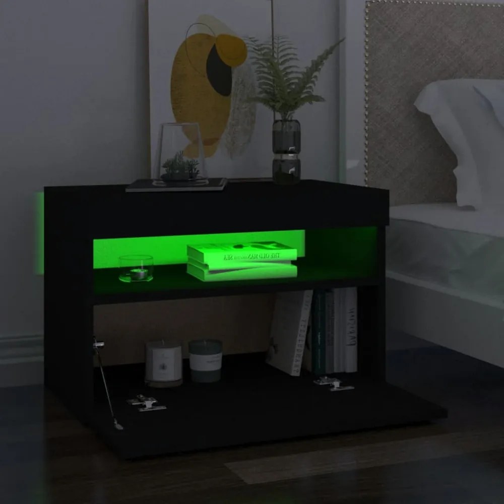 fekete éjjeliszekrény LED-lámpákkal 60x35x40 cm szerelt fa