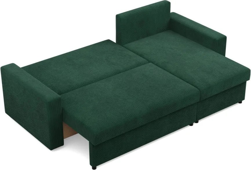 Zeus sarokkanapé, 2 ágyneműtartóval, egyenes kartámasz, kordbársony, univerzális oldal, hab töltet, zöld