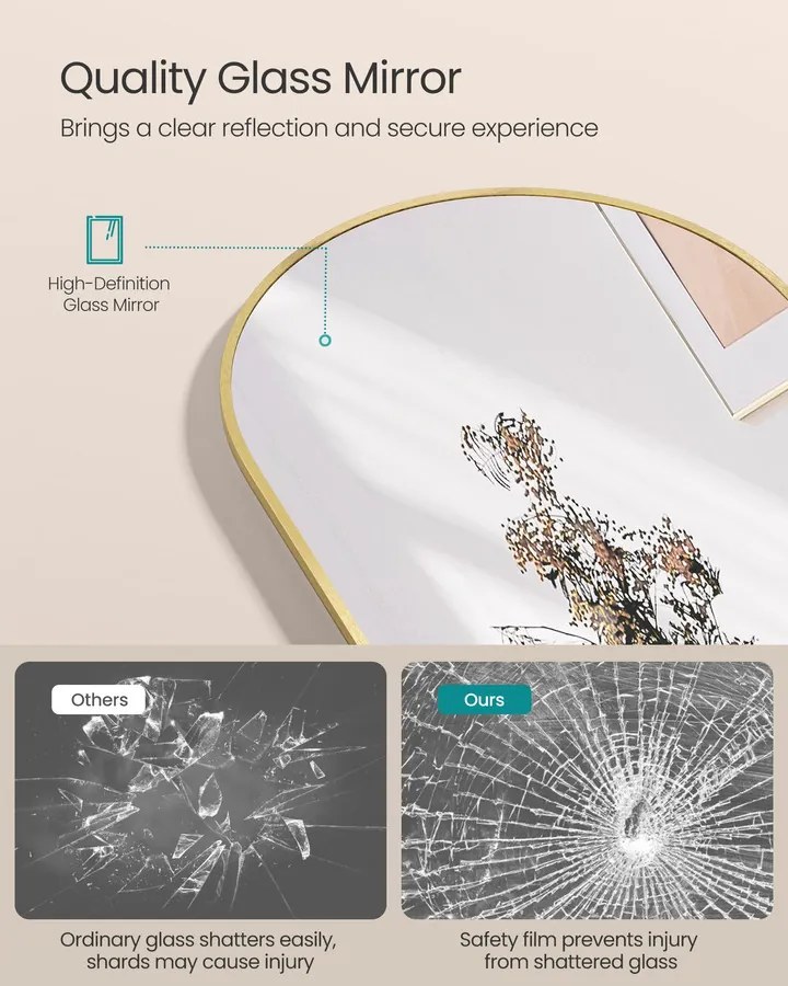 Ívelt álló tükör alumínium kerettel, edzett üvegből, világos arany színben