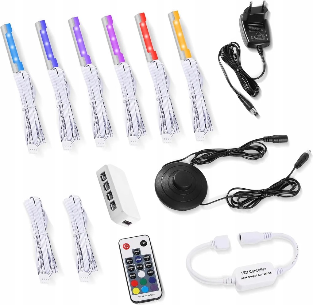 Rgb LED-es élvilágítás üvegpolcokhoz 6 lámpa távirányítóval Fehér