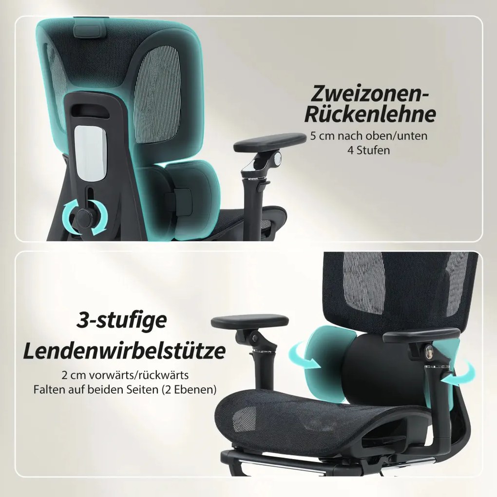 HOMCOM Prémium ergonomikus irodai szék, állítható derék- és fejtámlával, 6D karfákkal, lábtartóval, hálós, fekete