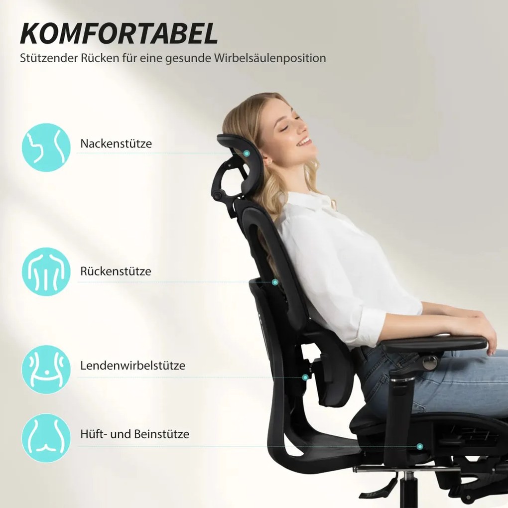 HOMCOM Prémium ergonomikus irodai szék, állítható derék- és fejtámlával, 6D karfákkal, lábtartóval, hálós, fekete