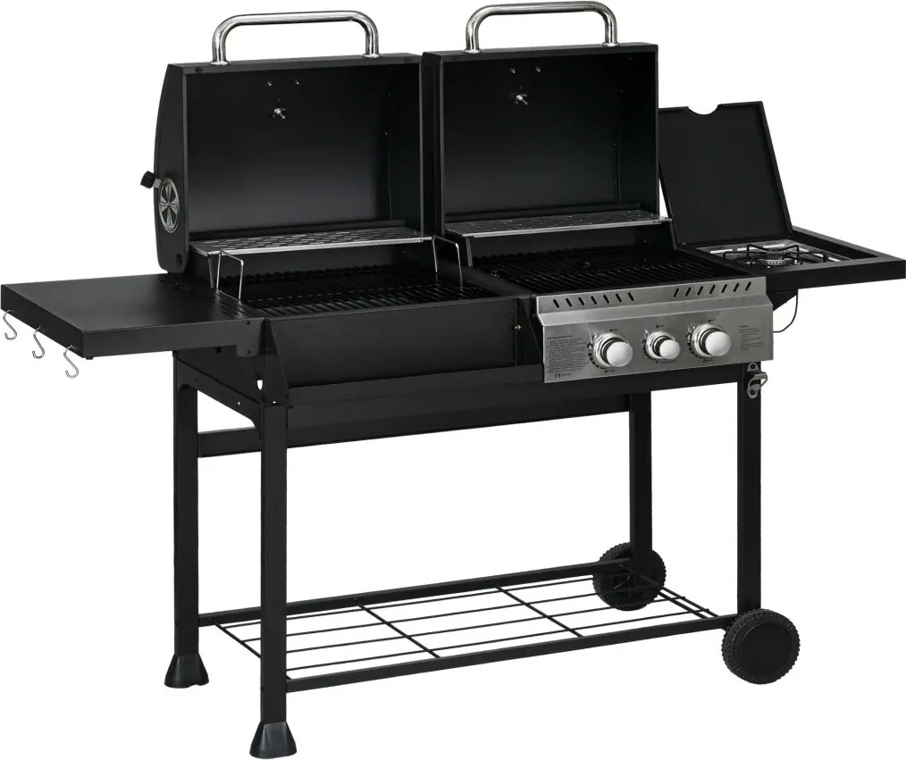 Outsunny Gázgrill, hőmérővel és melegen tartó tányérokkal, fekete és ezüst