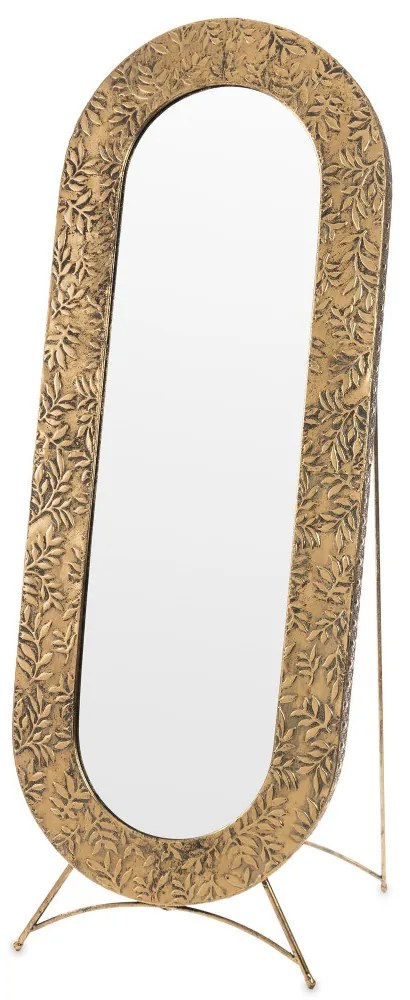 Ovális álló tükör óarany vastag fém dombormintás leveles keretben 157x58x51cm