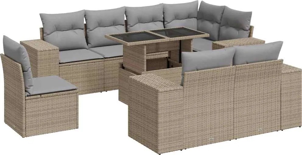 vidaXL 9 részes bézs polyrattan kerti ülőgarnitúra párnákkal