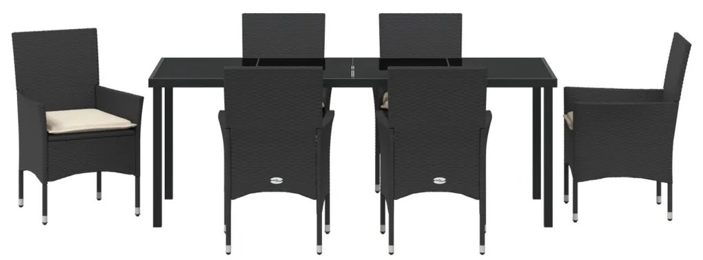 7 részes kerti étkező szett párnákkal fekete polirattannal, Kerti asztal fekete 200x80x73 cm edzett üveggel