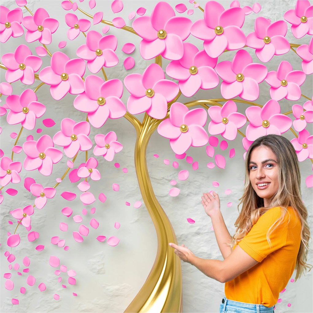 3D Fotótapéta Hálószobába Nappaliba Arany Fa Rózsaszín Levelekkel 196x260 F