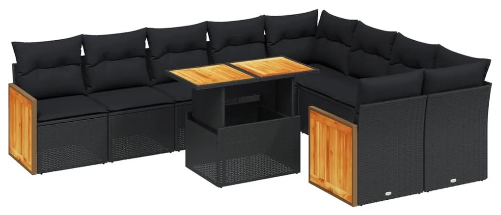 10 részes fekete polyrattan kerti ülőgarnitúra párnákkal