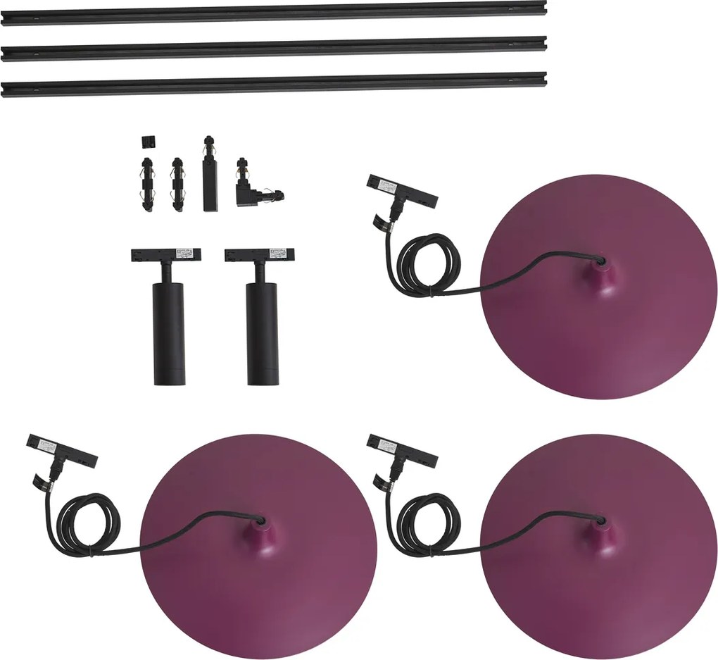 Modern fekete sínrendszer 2 spotlámpával és 3 lila függőlámpával, 1 fázisú - Slimline Uzzy Panzi