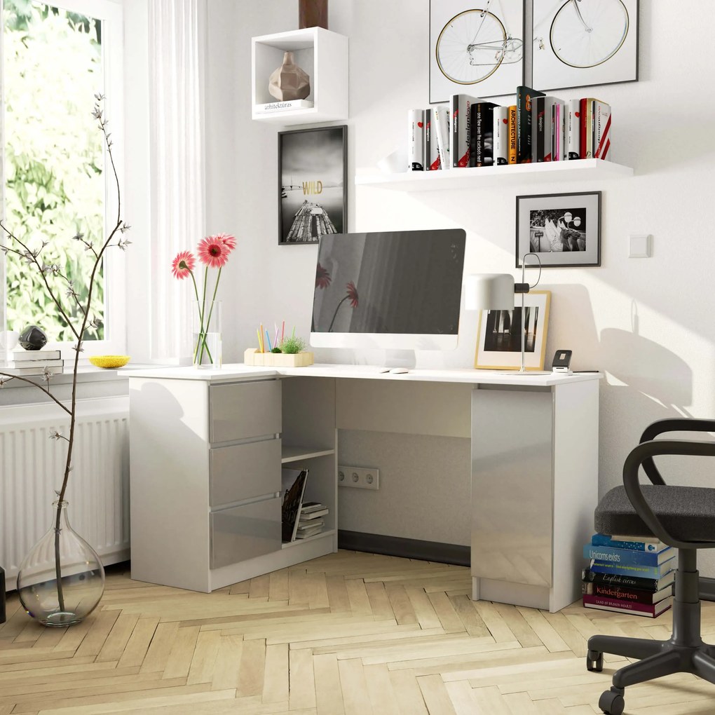Sarok PC asztal Bienvenida (fehér + fényes fém)(B). 1117057