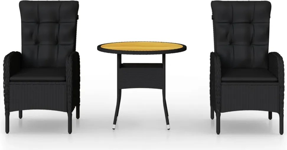 vidaXL 3 részes fekete polyrattan kerti bisztrószett