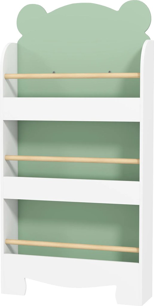 AIYAPLAY Gyermek Könyvespolc 3 Polccal, Térkihasználó Medve Alakú Polc Elülső Barrierekkel, Gyerekek Szobájába és Nappaliba, 55x15x110 cm, Zöld | Aoso