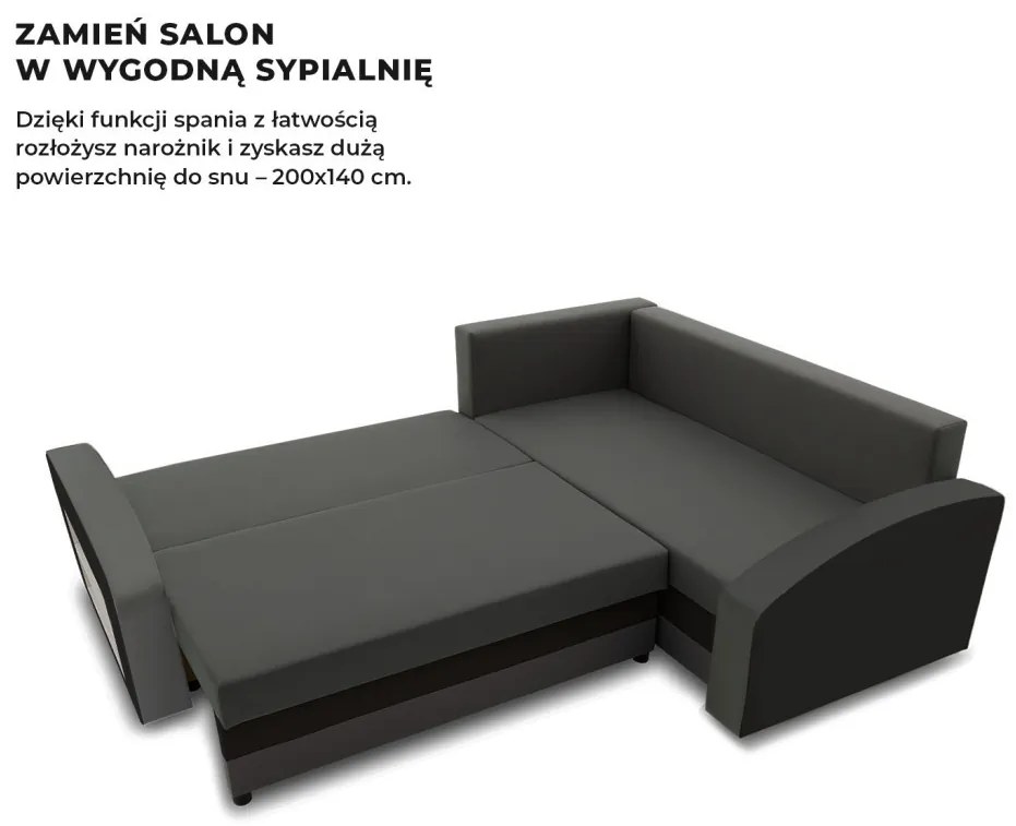 Grande sarokkanapé polcokkal , polc a bal karfaban, jobboldali, szövet anyag, bonell töltet, szürke - fekete