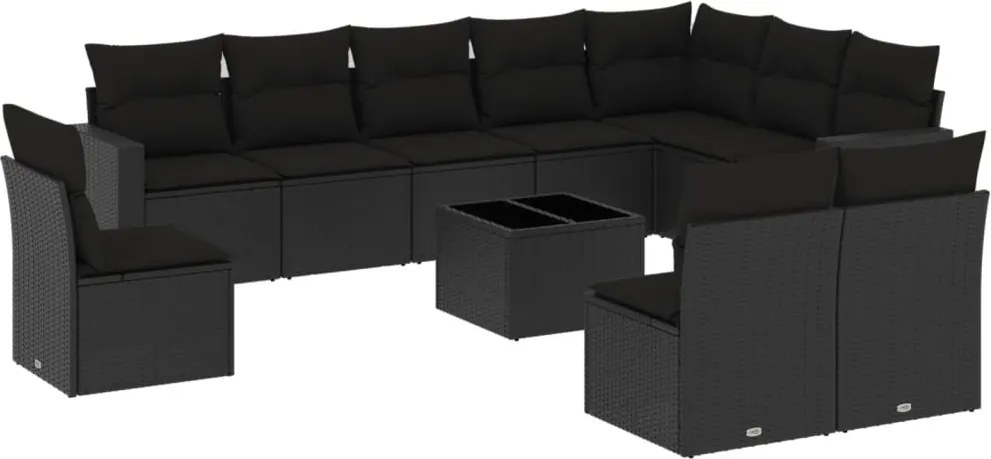 vidaXL 11 részes fekete polyrattan kerti ülőgarnitúra párnákkal