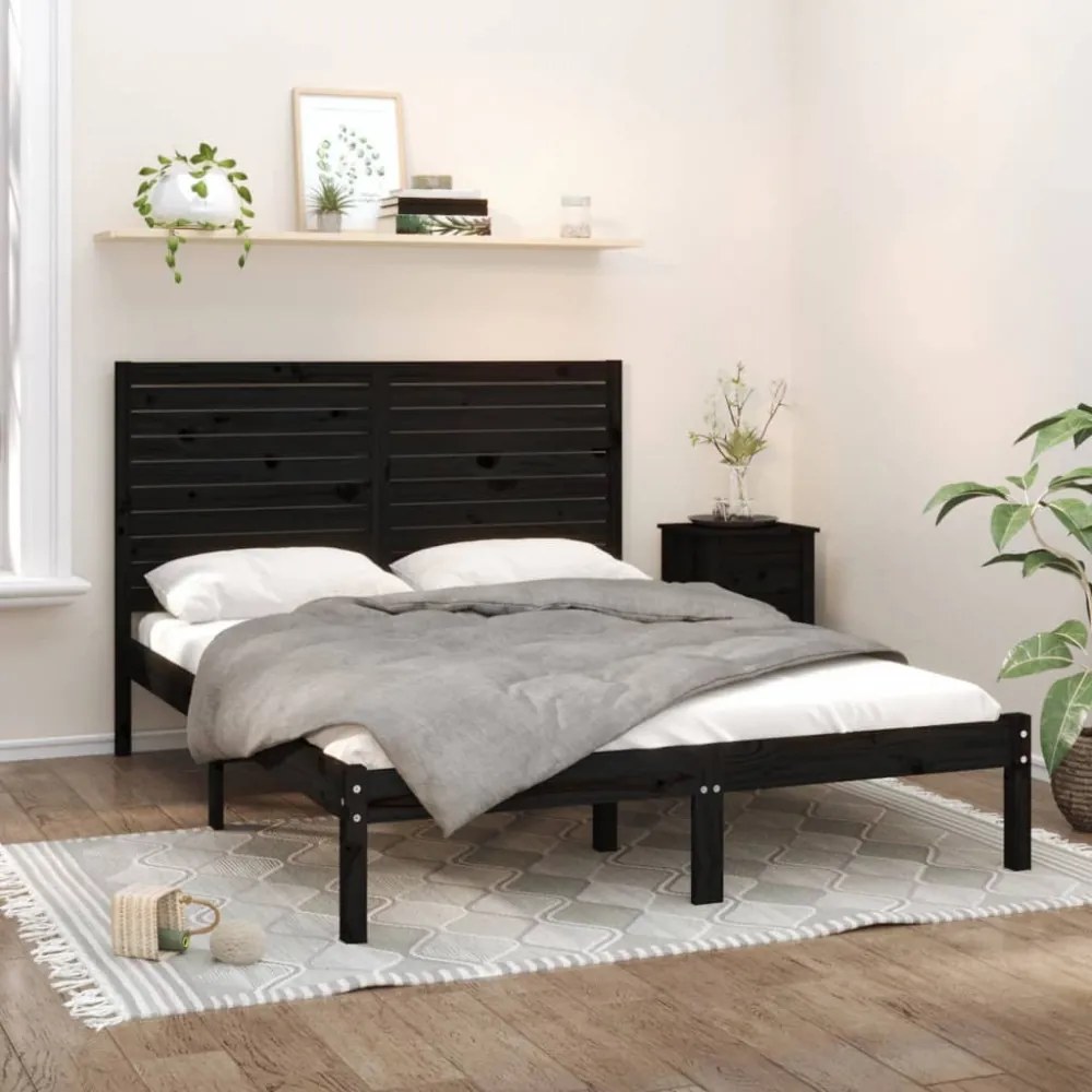 King Size fekete tömör fa ágykeret 150 x 200 cm