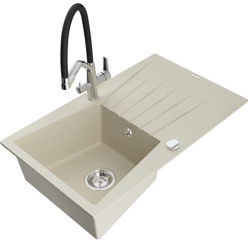 Mexen Cesar 1-medencés gránit mosogató lefolyóval és Duo konyhai csappal, bézs - 6514-69-671701-07