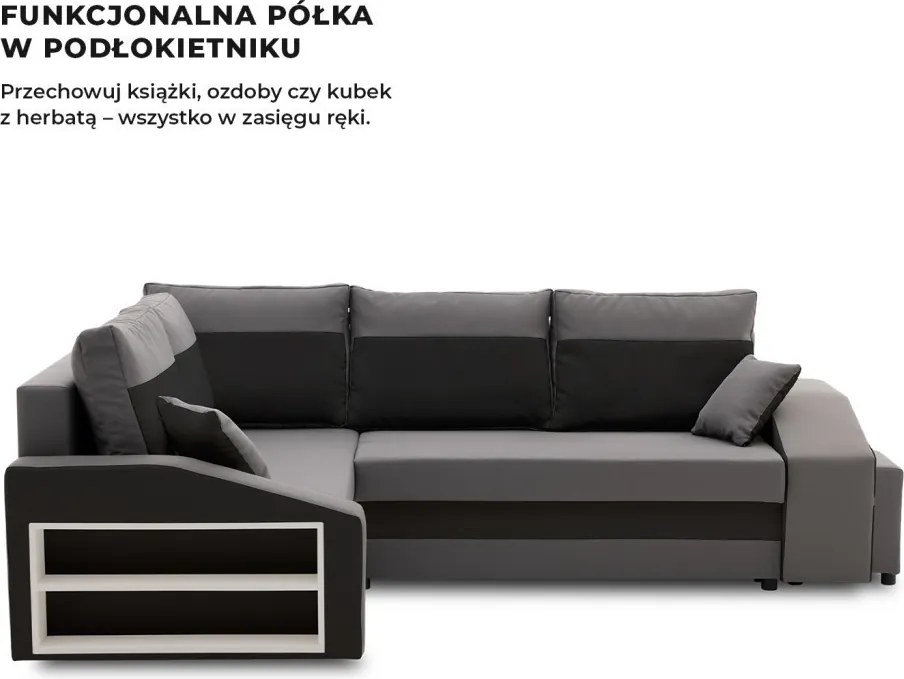 Grande sarokkanapé polcokkal és puffokkal , polc a bal karfaban puffok a jobb karfaban, baloldali, szövet anyag, hab töltet, szürke - fekete