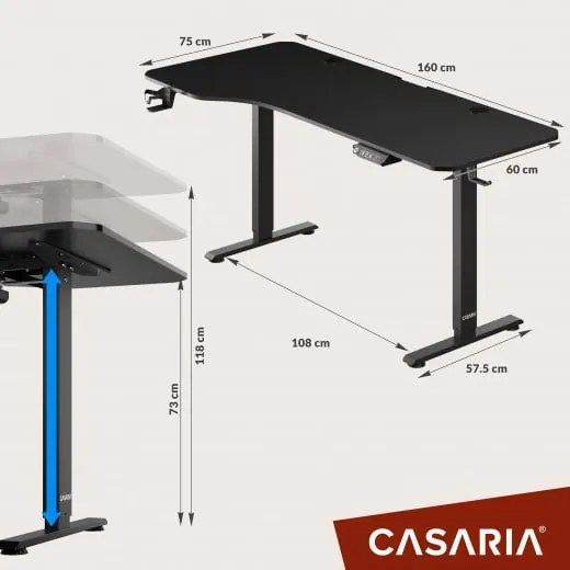 Casaria® Állítható magasságú irodai íróasztal fekete-160x75x118 cm