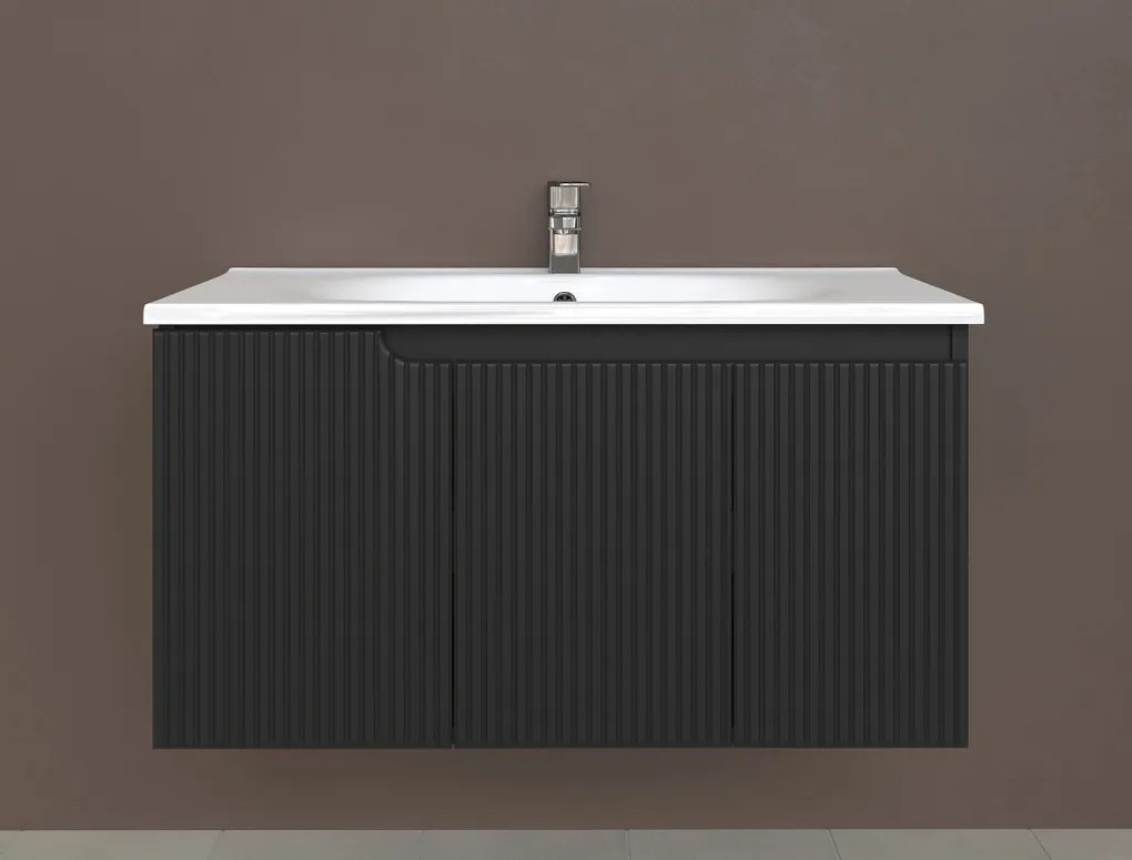 Piramida EURIDIKA fali fürdőszobabútor - műmárvány mosdóval -3 ajtós - PINO FEKETE- 100 x 48 x 53 cm