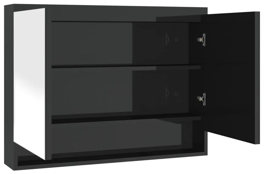 fényes fekete MDF tükrös fürdőszobaszekrény 80 x 15 x 60 cm