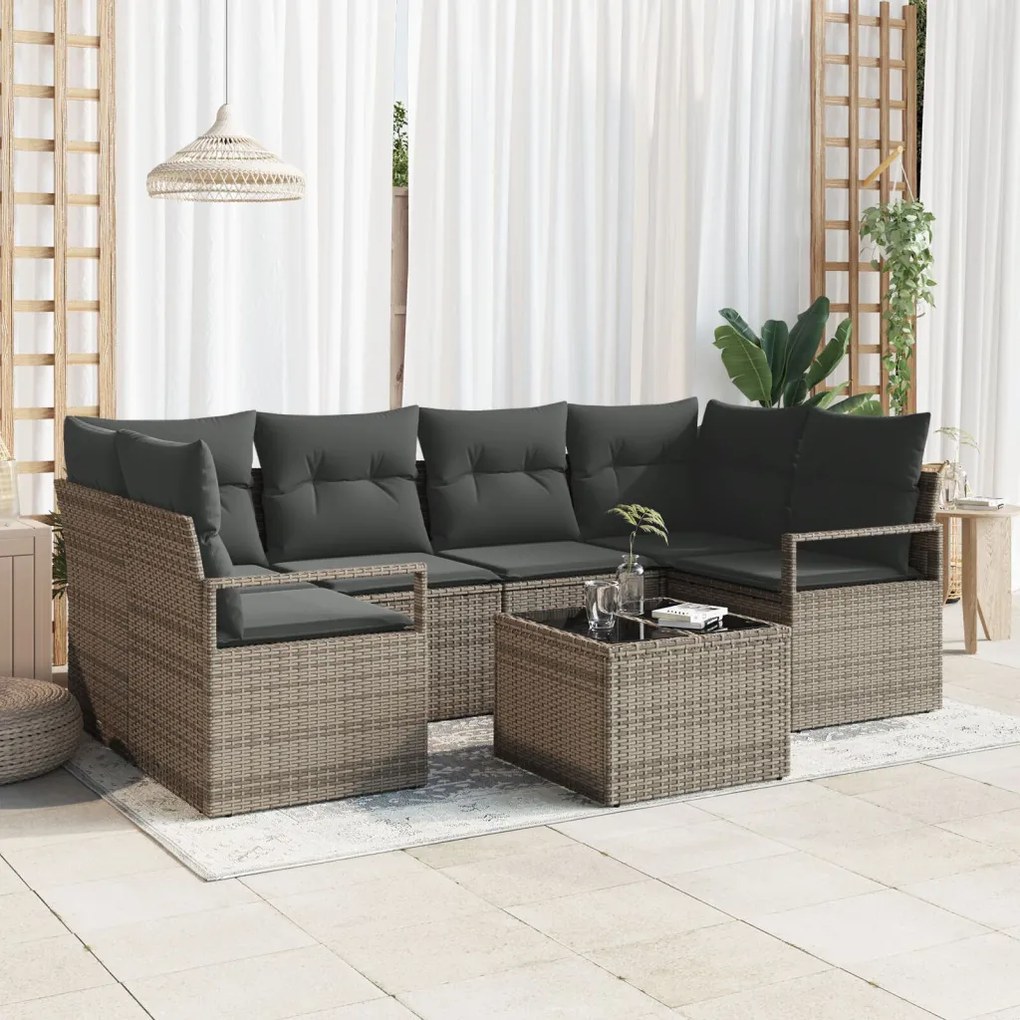 7 darabos kerti kanapé szett párnákkal, szürke poli rattan, 2-seater kerti kanapé tárolóval és párnákkal, szürke poli rattan