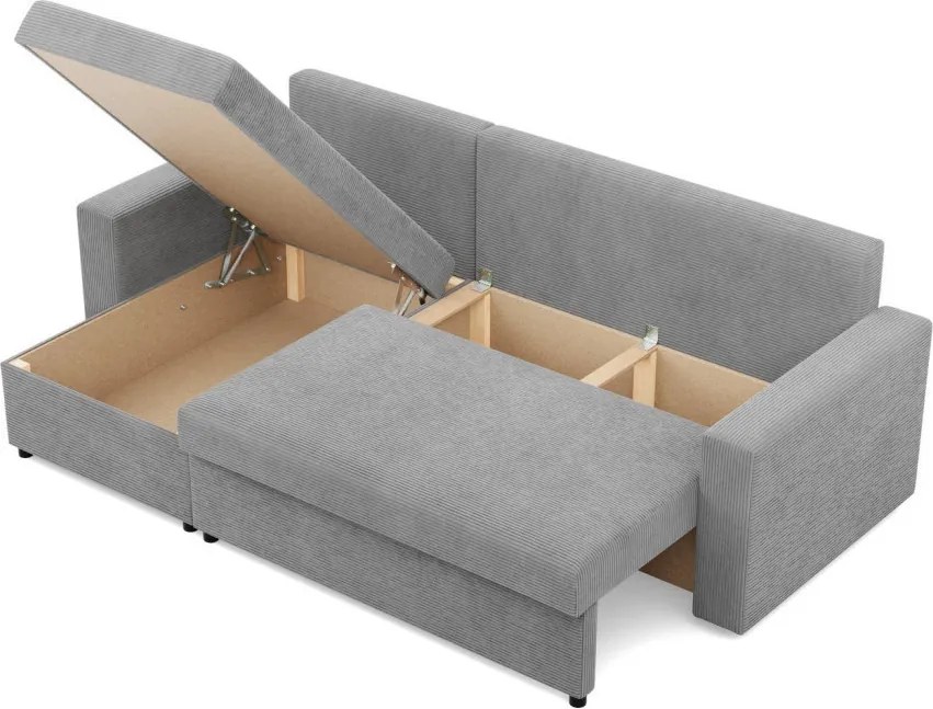 Zeus sarokkanapé, 2 ágyneműtartóval, egyenes kartámasz, kordbársony, univerzális oldal, bonell töltet, szürke