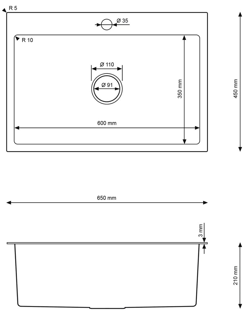 Erga HD, 1 kamrás acél mosogató 650x450x210 mm, acél, ERG-MLS-HD6545